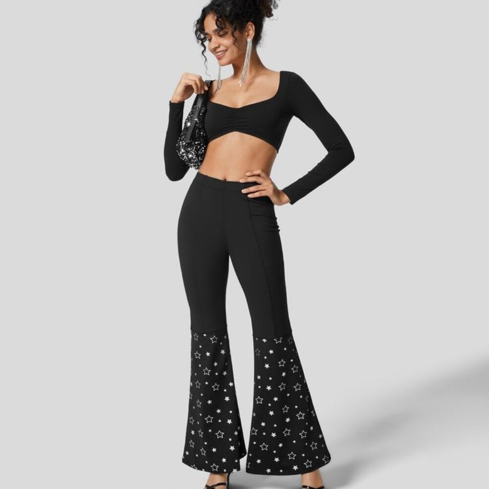 Halara High Waisted Star Pattern Super Flare Party Pants - size Large NWT